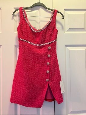 Self-Portrait Hot Pink Crystal-Trim Bouclé Mini Dress